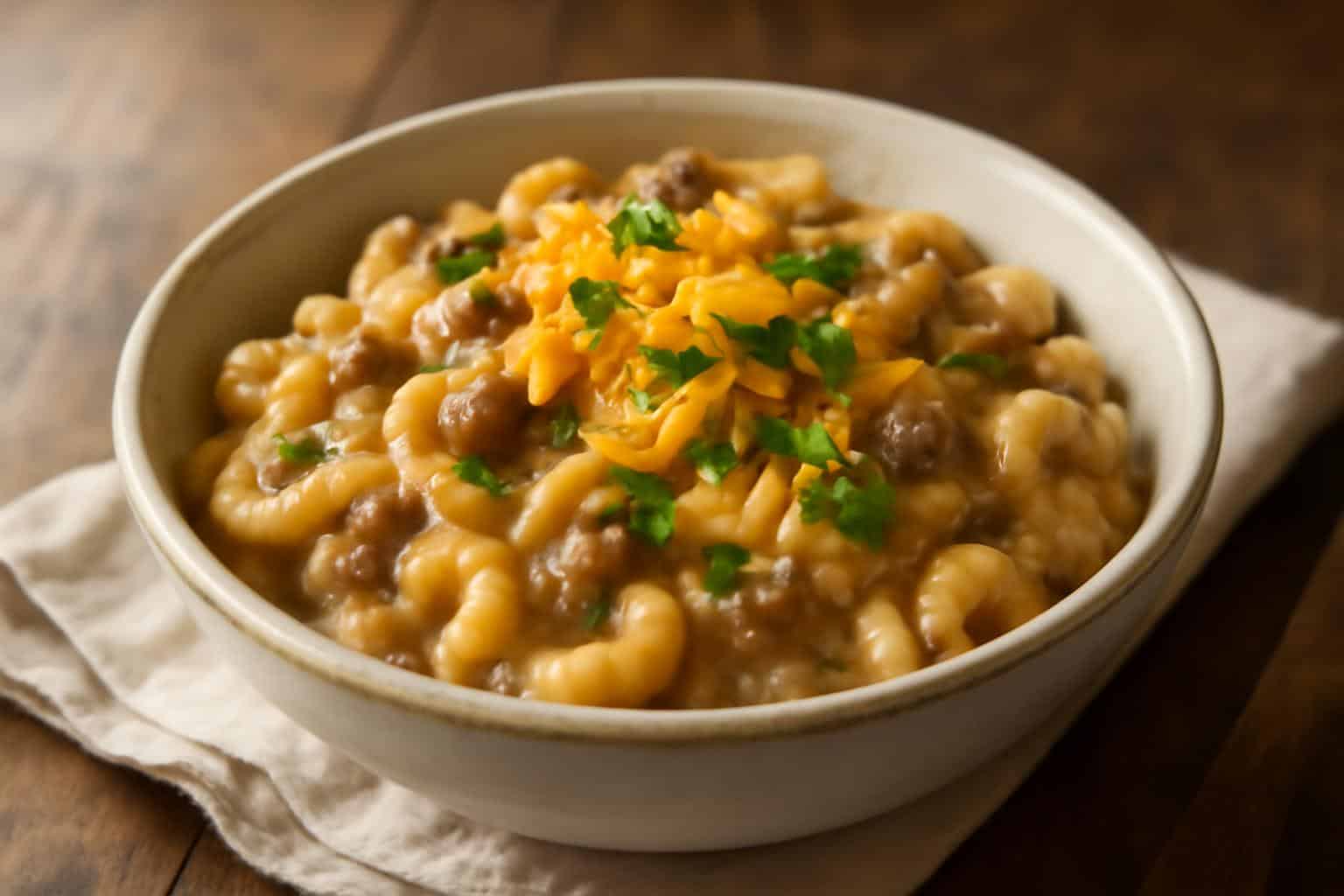 Bowl of creamy cheeseburger macaroni garnished with parsley and cheddar cheese in natural light