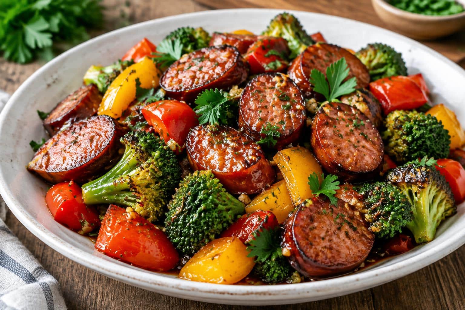 One-pan honey garlic kielbasa with colorful vegetables served on a white plate
