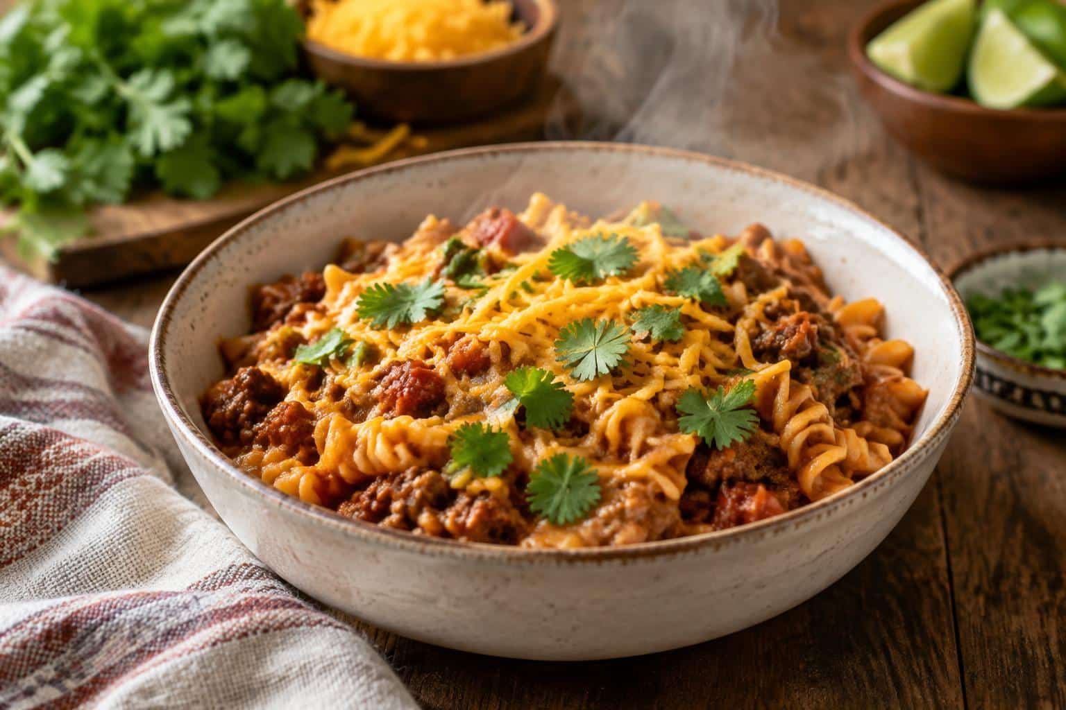 One pot beef taco pasta garnished with cilantro and cheddar cheese in a rustic bowl