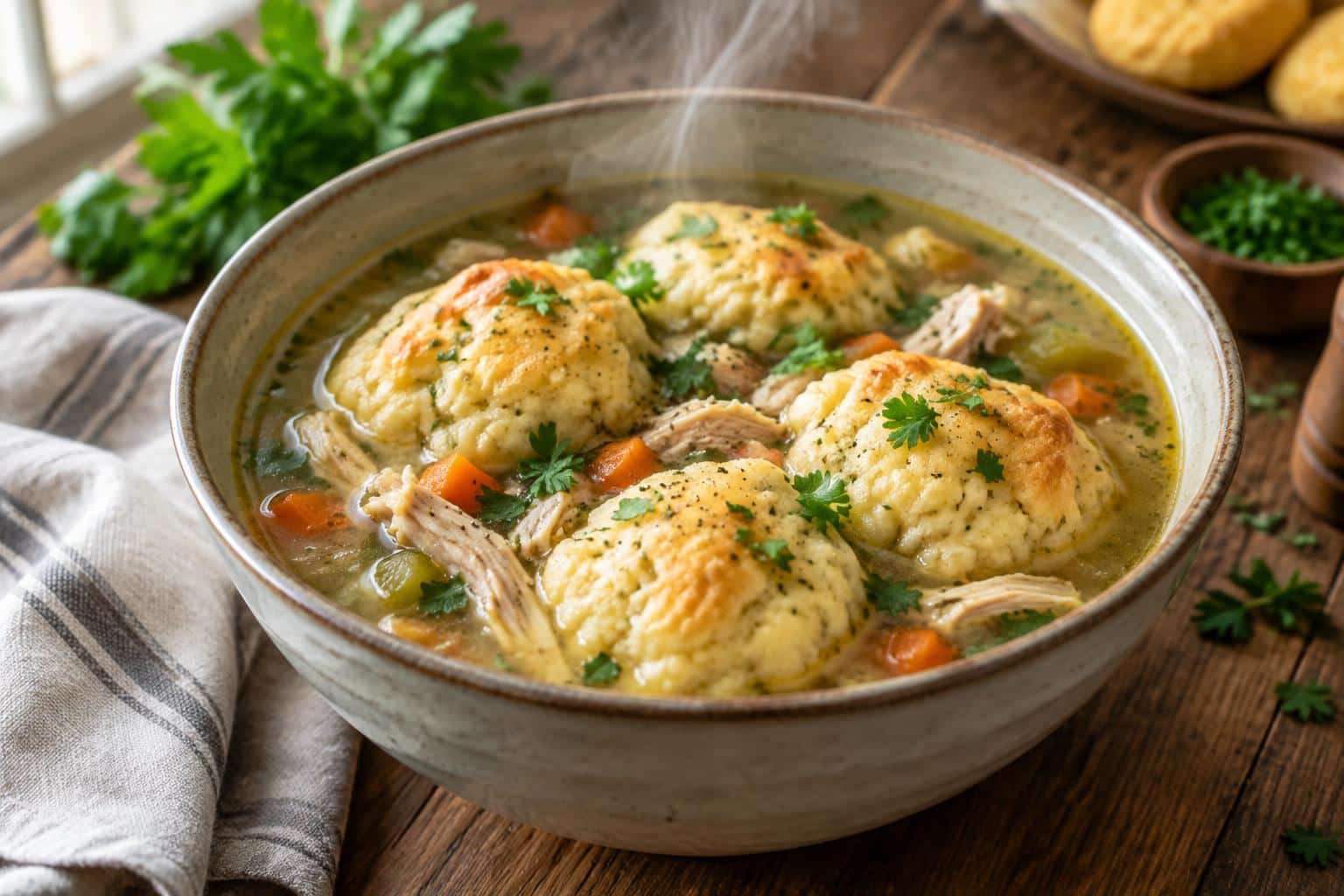 One pot chicken dumpling soup with fluffy biscuit dough dumplings and fresh parsley garnish