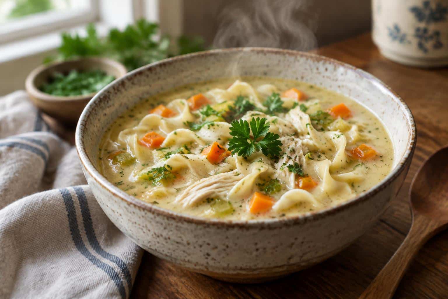 Creamy chicken noodle soup in a rustic bowl garnished with parsley, showcasing the chicken noodle soup