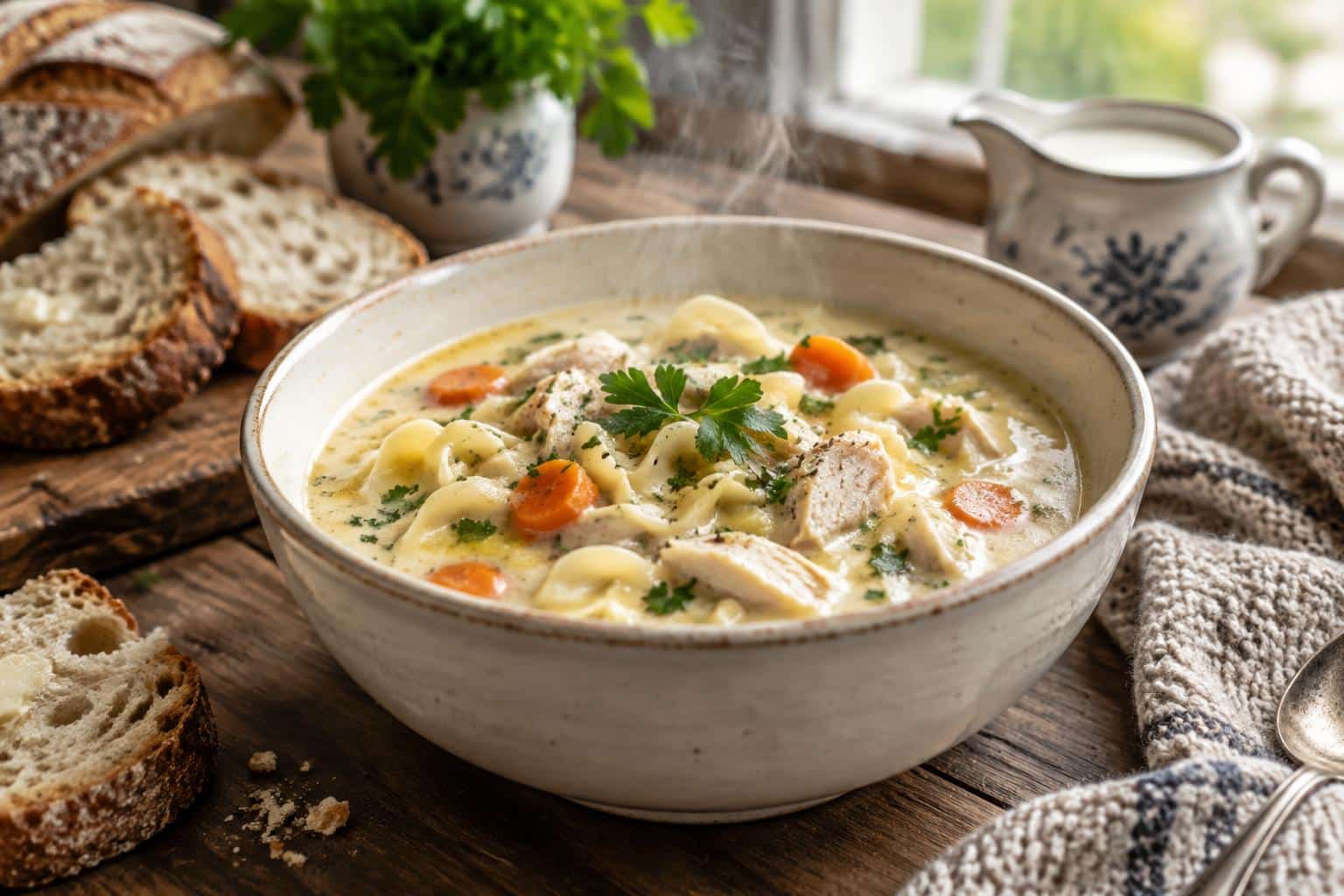 Creamy chicken noodle soup in bowl garnished with parsley, showcasing comforting chicken noodle soup