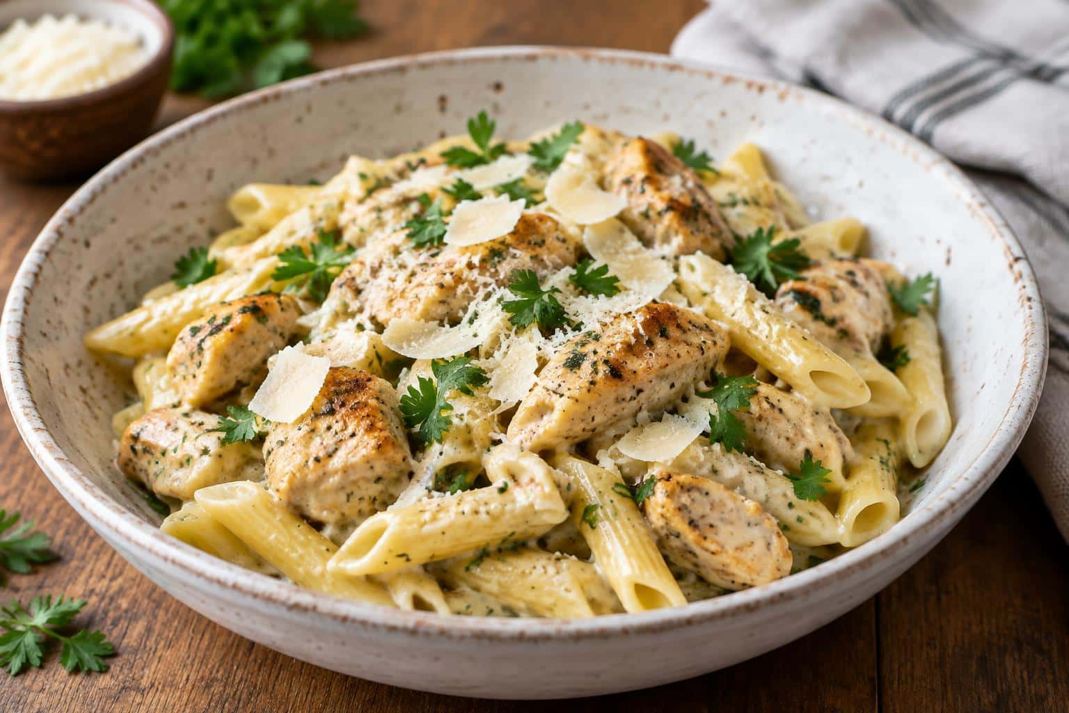 Creamy garlic parmesan chicken pasta served in a rustic bowl garnished with parsley and parmesan