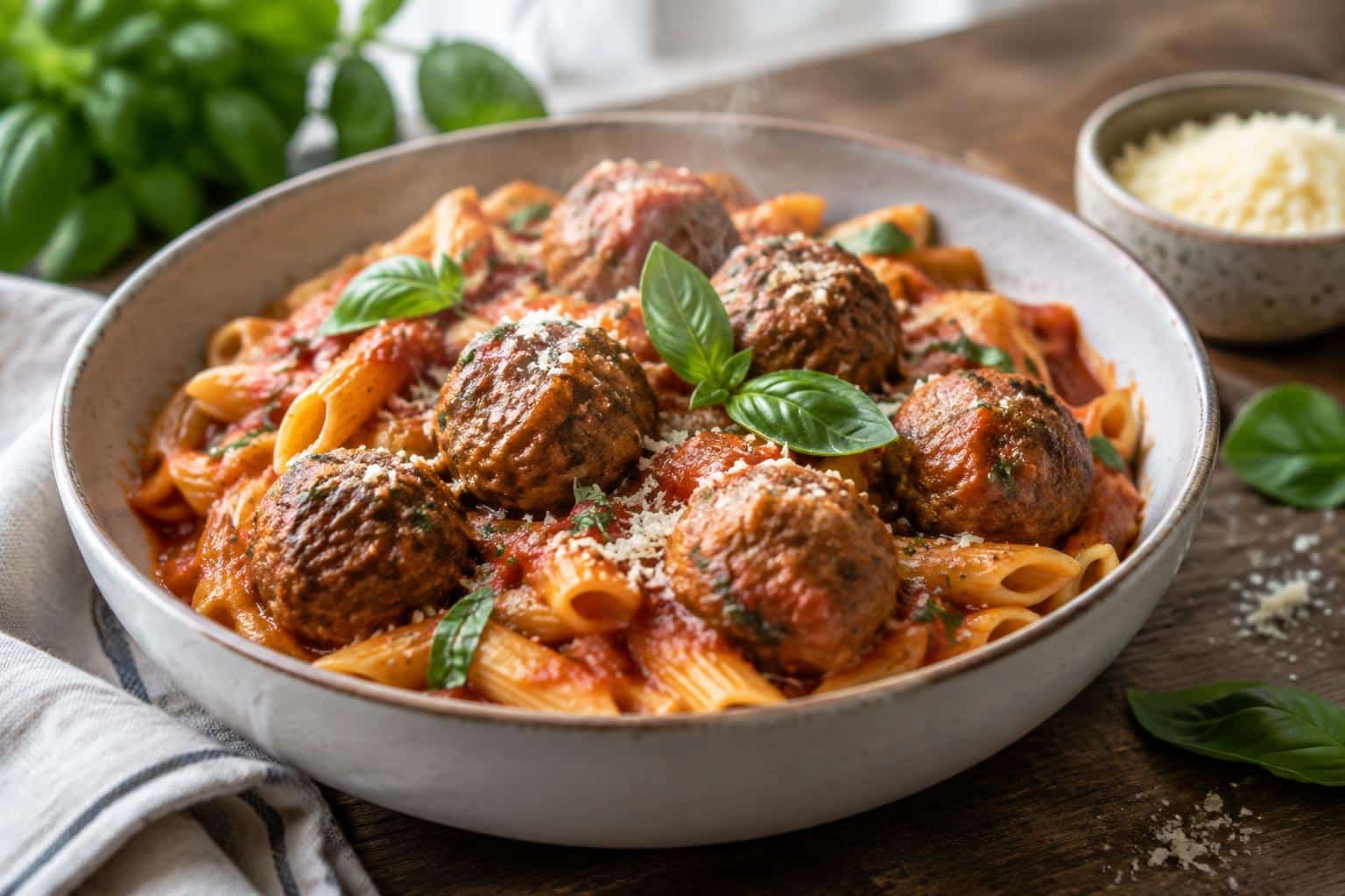 One pot meatball pasta served in a white bowl garnished with fresh basil and Parmesan cheese
