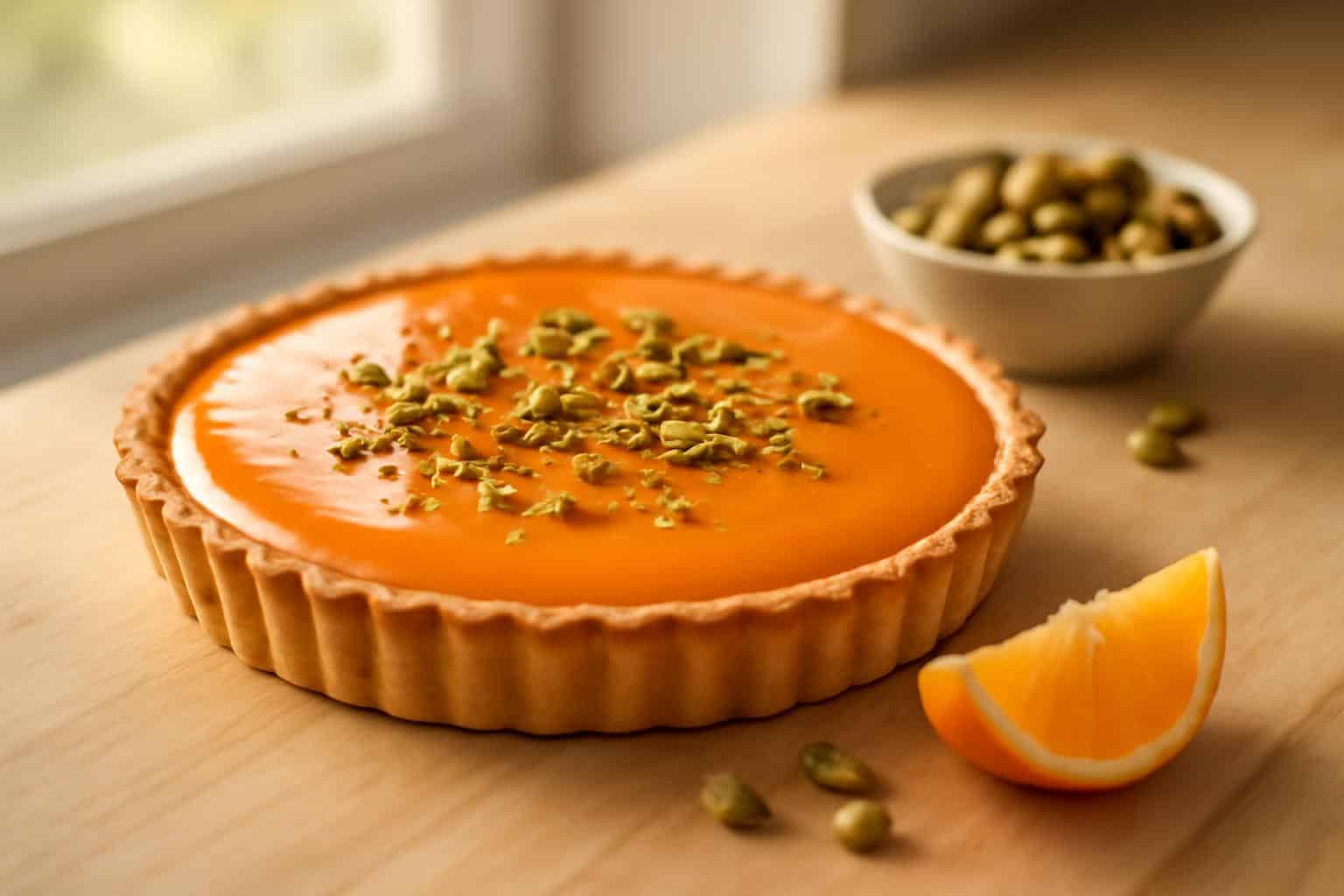 Close-up of orange cardamom tart with crispy pistachio crust on light wooden surface