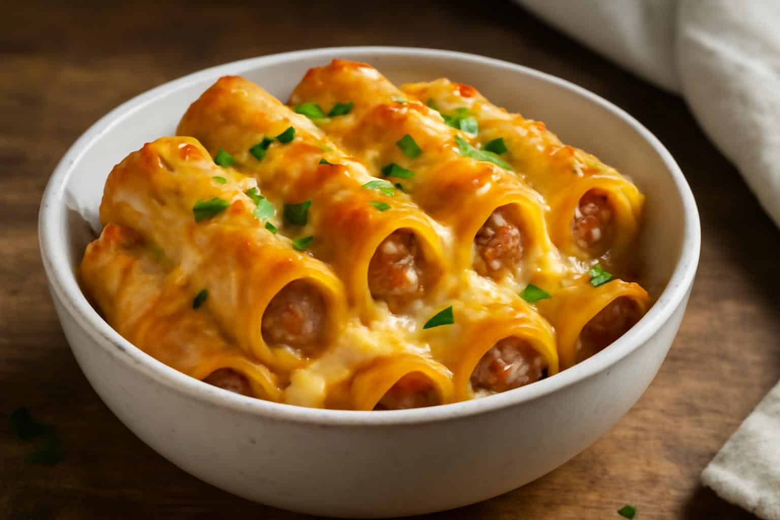 Oven baked shotgun shells pasta with melted cheese and sausage, garnished with parsley