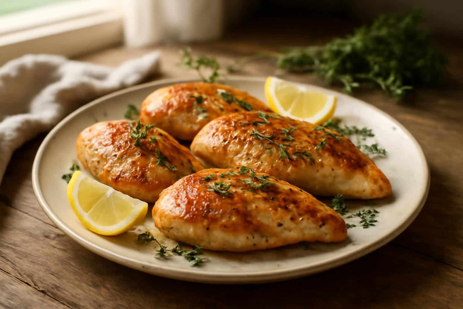 Juicy pan-seared chicken breasts garnished with thyme and lemon wedges on rustic wooden table
