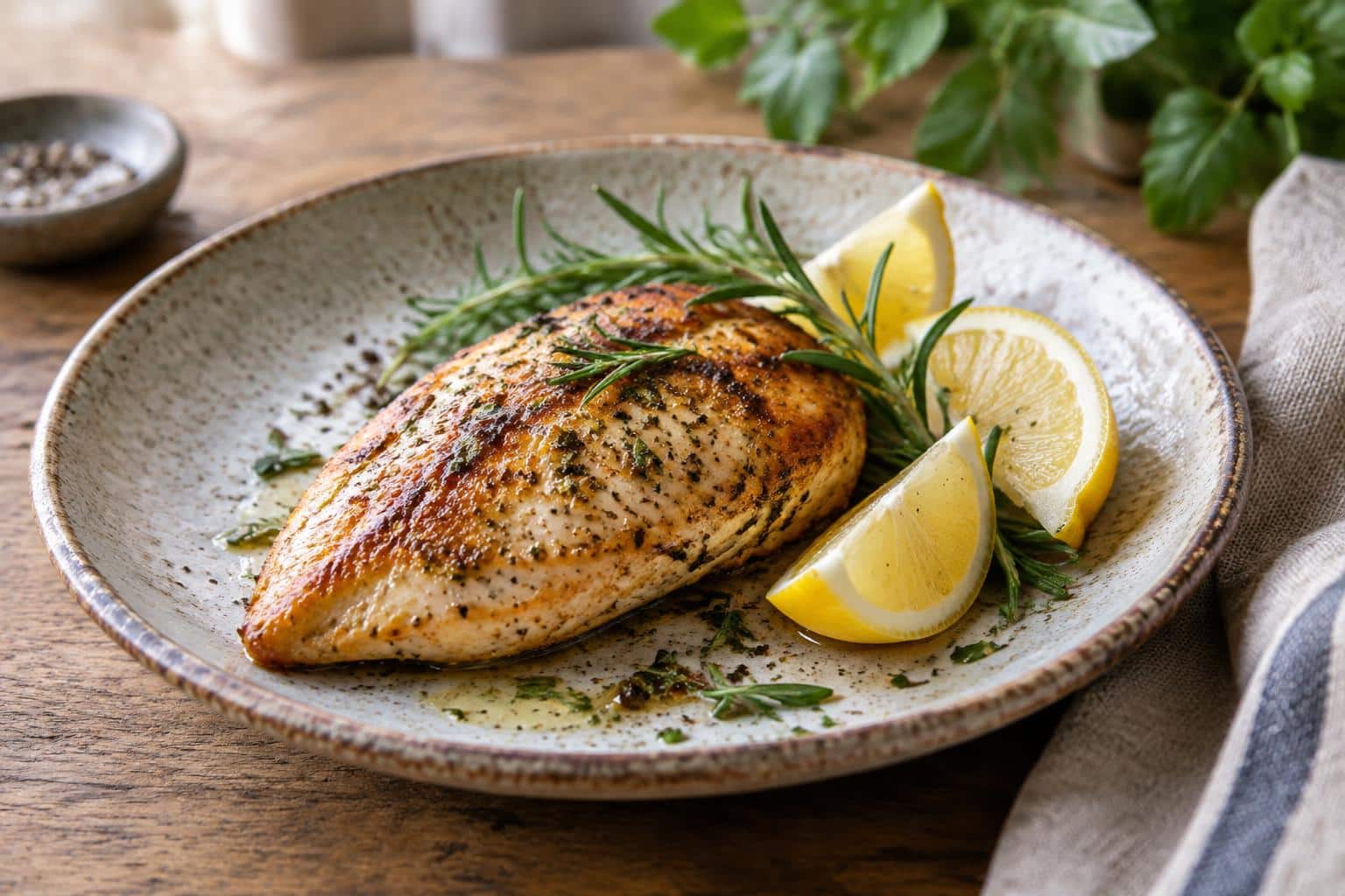 Juicy pan-seared chicken breasts garnished with rosemary and lemon wedges on a rustic plate