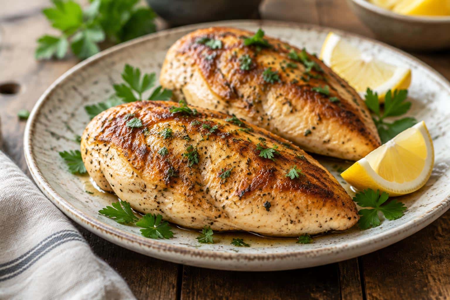 Juicy pan-seared chicken breasts garnished with parsley and lemon wedges on a rustic plate