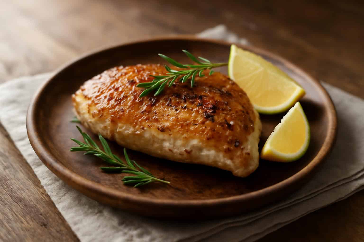 Juicy pan-seared chicken breasts garnished with rosemary and lemon wedges on rustic plate