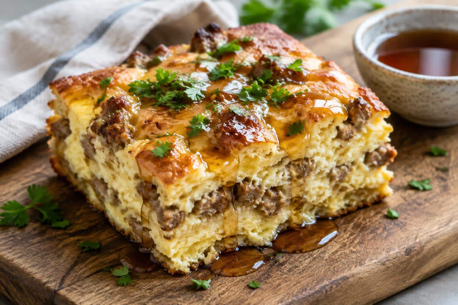 Golden brown pancake sausage casserole topped with maple syrup and parsley, showcasing the pancake sausage casserole dis