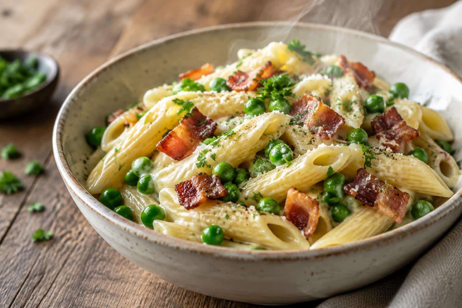 Creamy penne pasta peas bacon dish garnished with fresh parsley on rustic wooden table