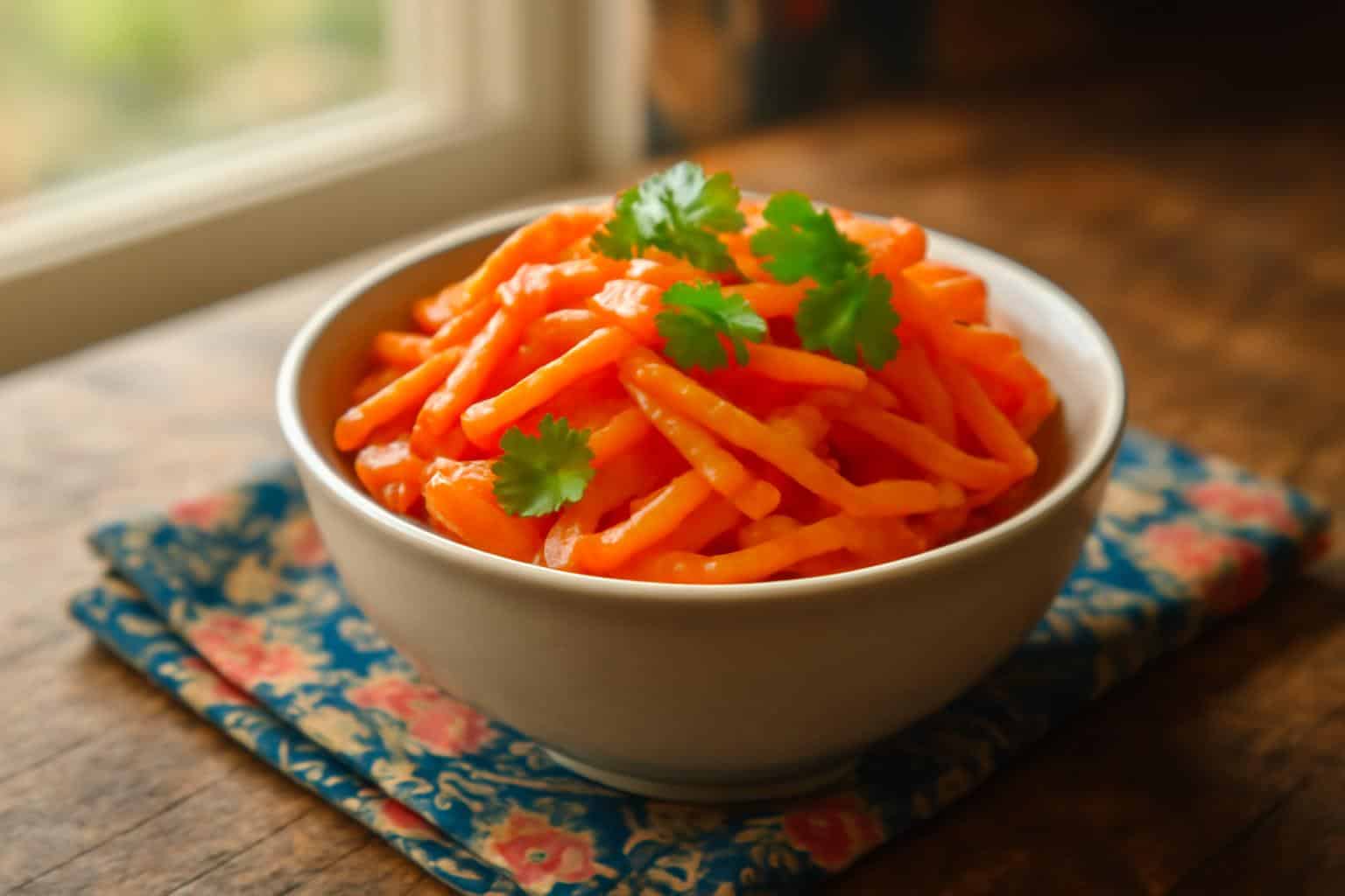 Bright tangy pickled carrots in bowl garnished with cilantro, perfect Asian food condiment