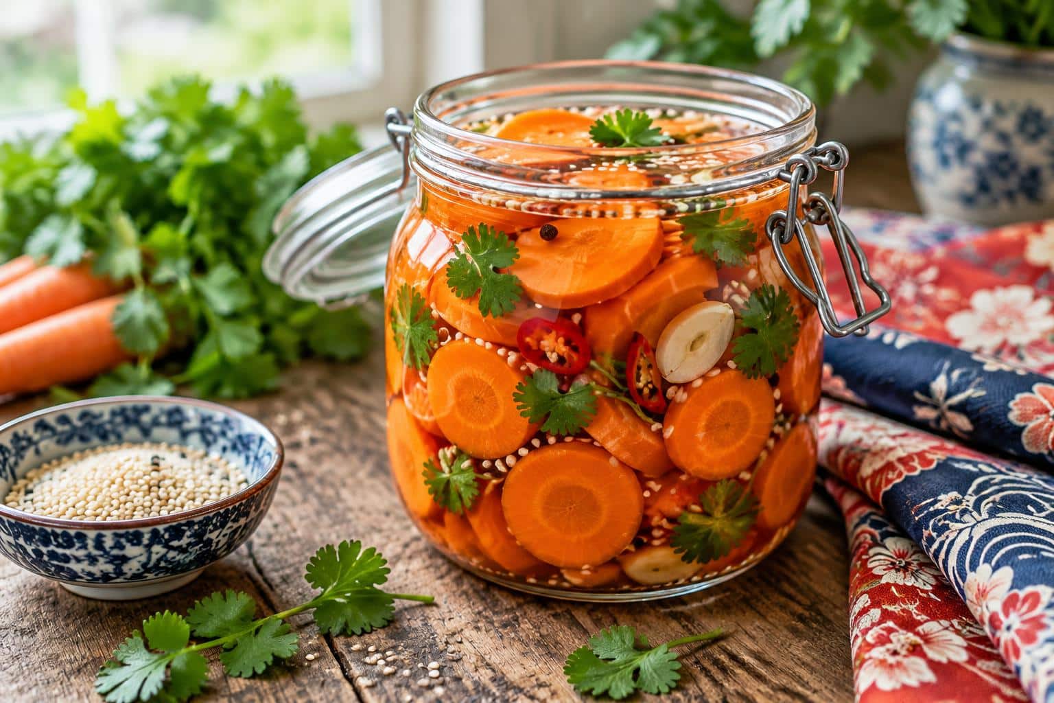 Jar of pickled carrots recipe with bright orange carrot slices in clear brine garnished with herbs