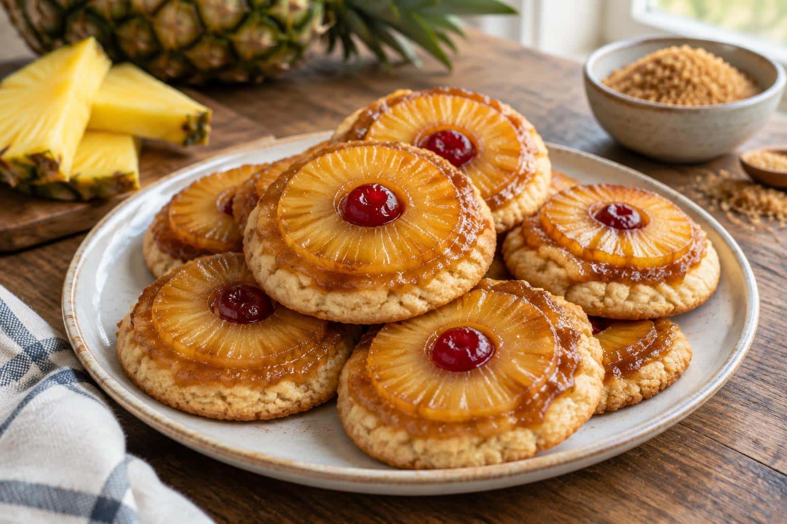 Golden pineapple upside down cookies with caramelized pineapple rings on top, pineapple upside down cookies