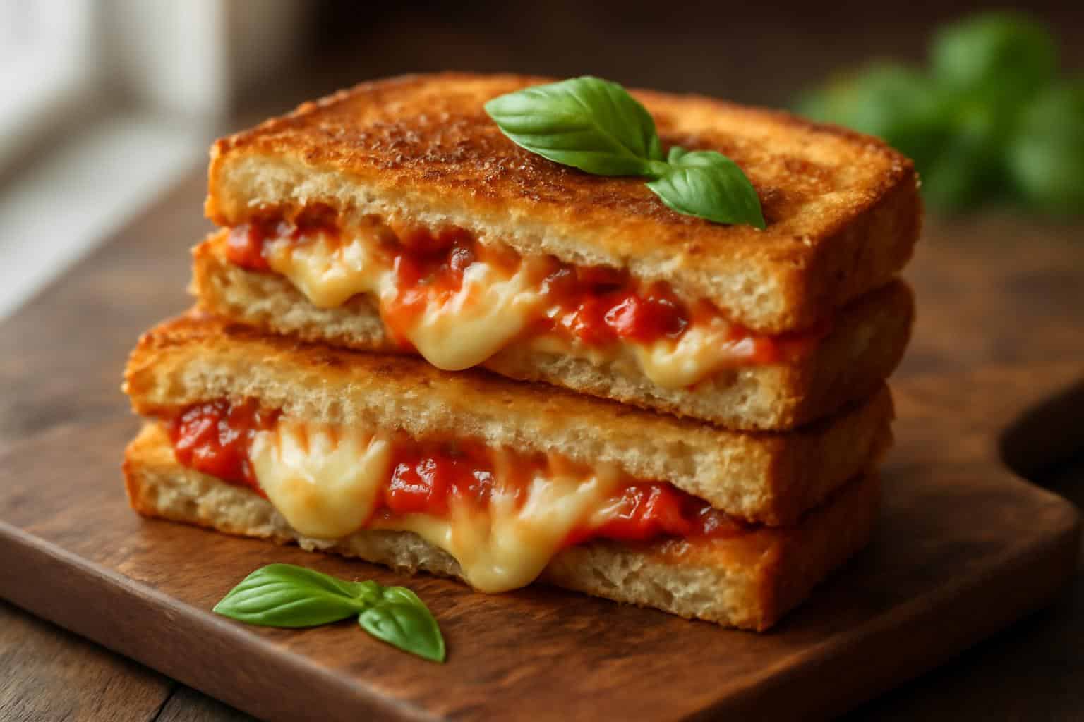 Golden crispy pizza grilled cheese sandwich with melted cheese and tomato sauce inside