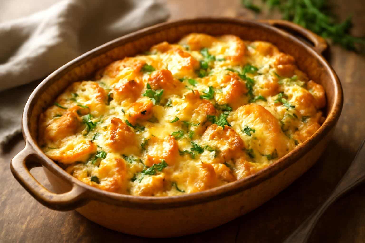 Baked potato chicken casserole with melted cheese and parsley garnish, ready to serve