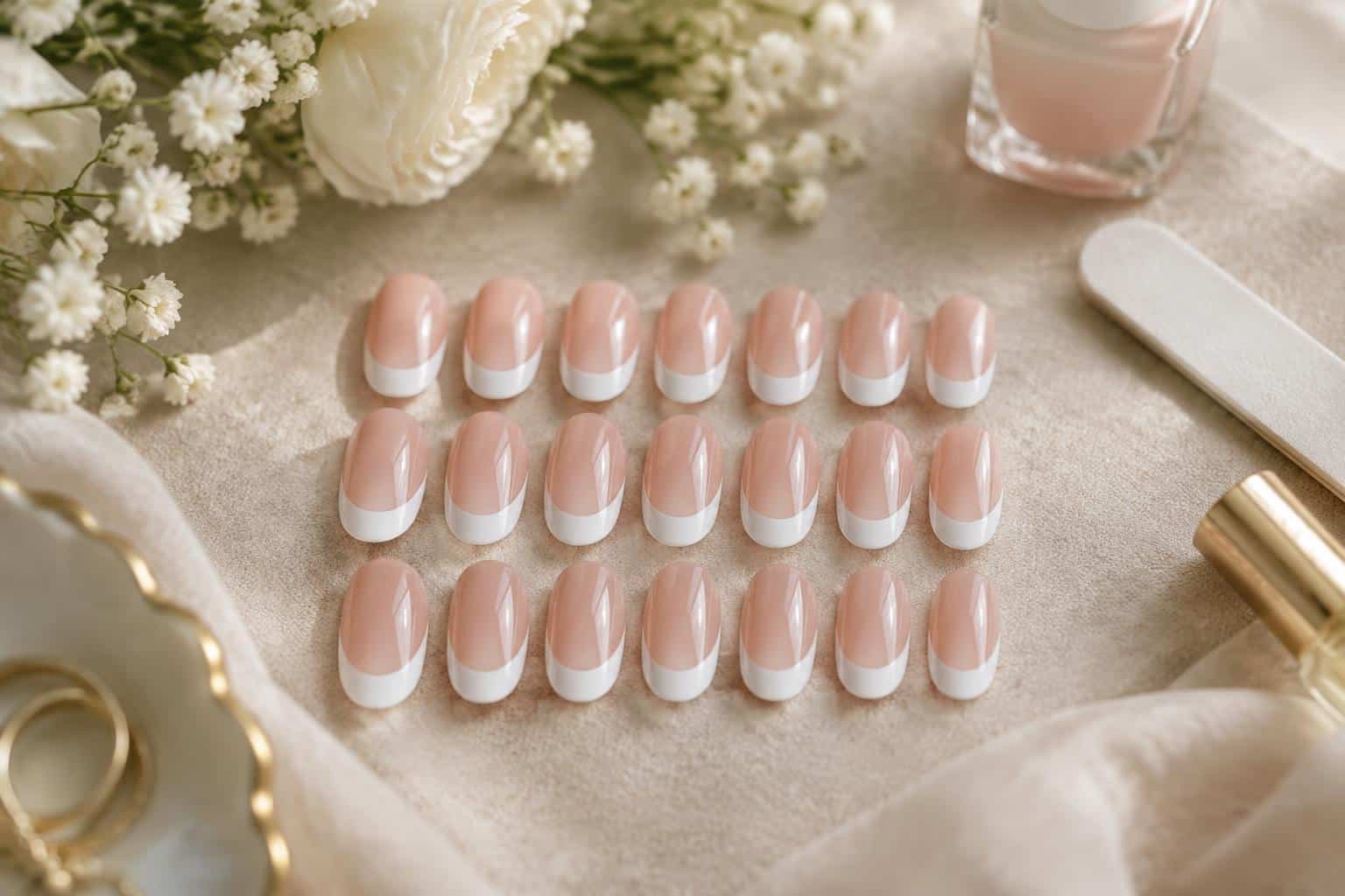 Easy press on nail set of 24 French nails with glossy white tips and natural pink base