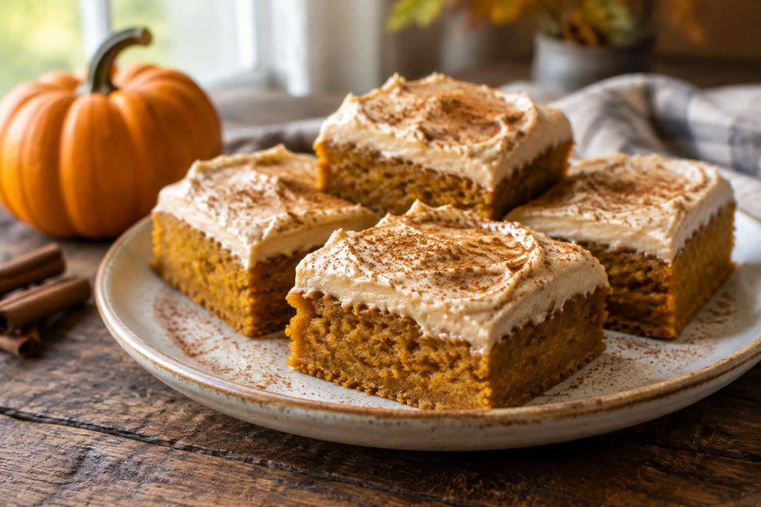 Moist pumpkin bars with creamy brown sugar frosting on a rustic plate, showcasing pumpkin bars dessert