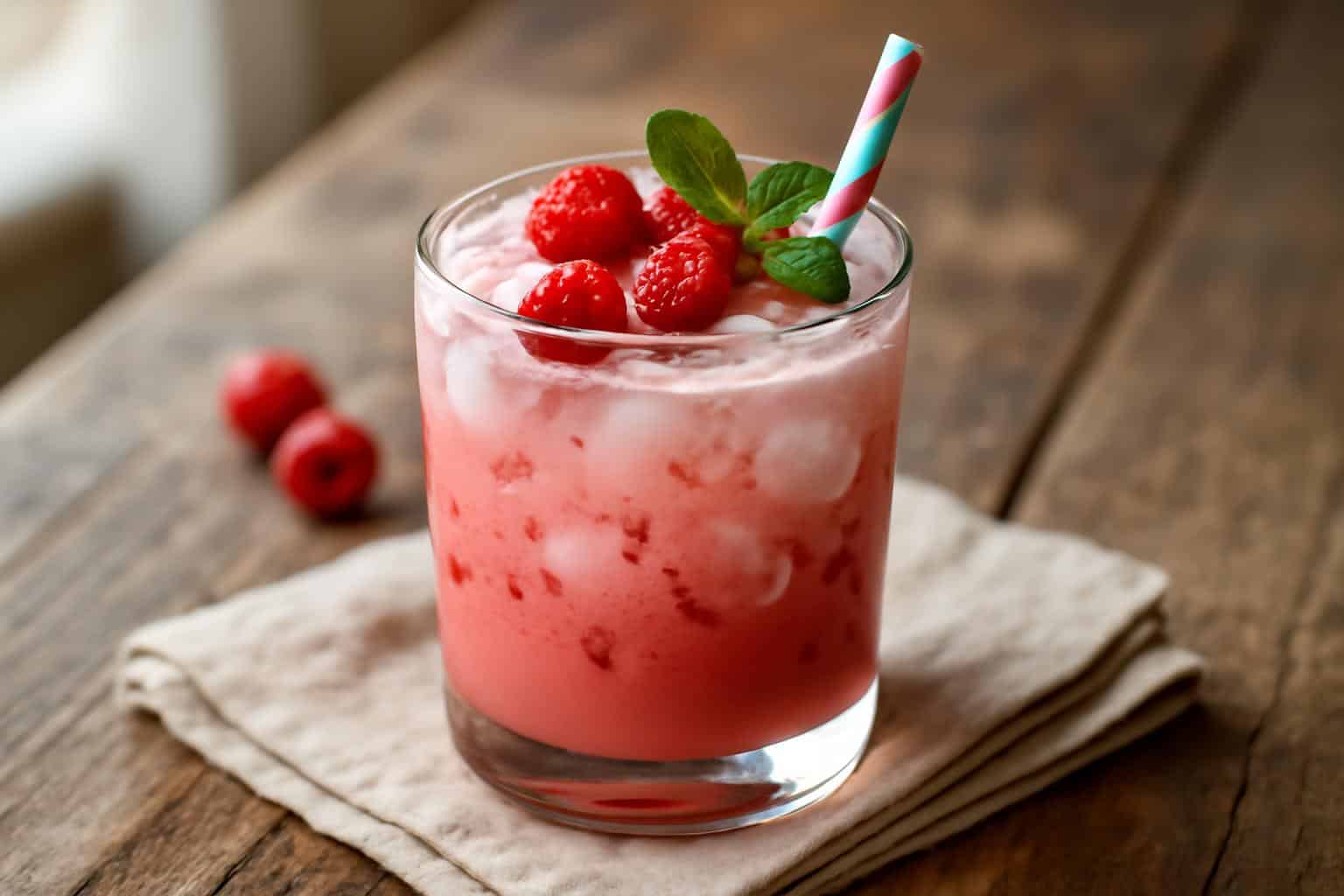 Refreshing raspberry dirty soda creamy mocktail with fresh raspberries and mint garnish