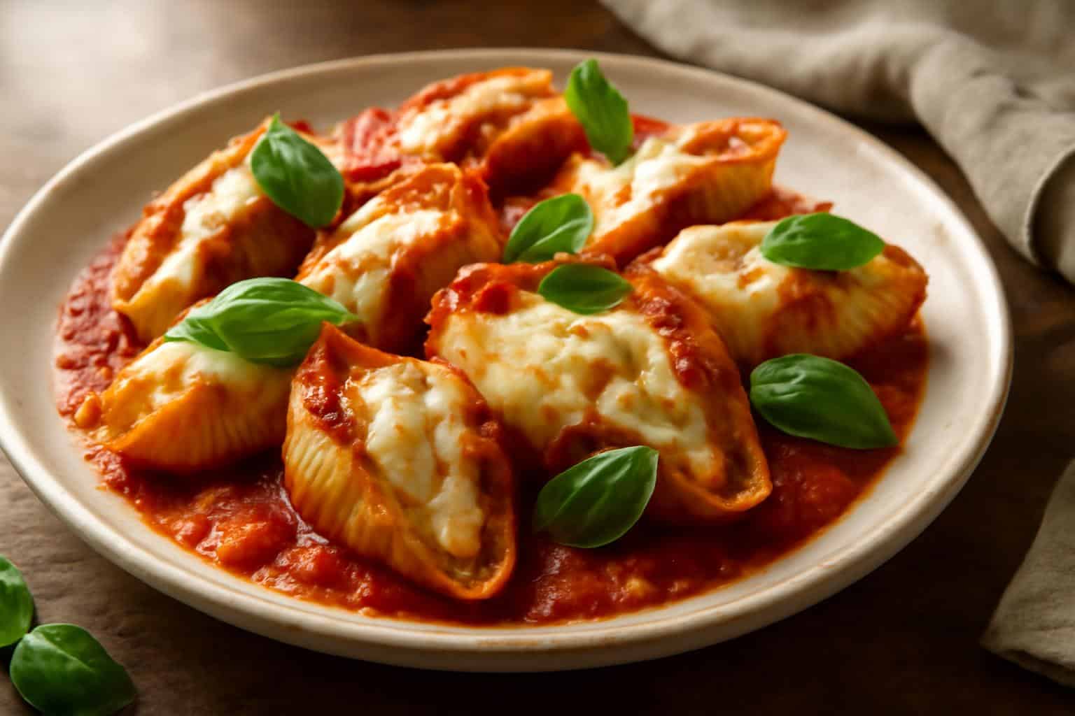 Plate of ricotta stuffed shells baked with marinara and melted mozzarella cheese served with fresh basil garnish