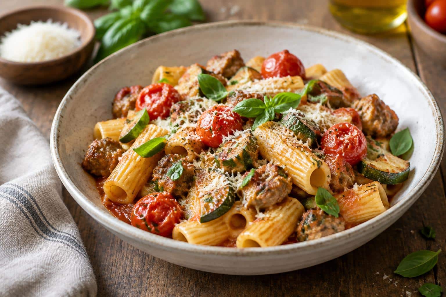 Rigatoni with sausage, tomatoes, and zucchini in a bowl garnished with fresh basil and Parmesan