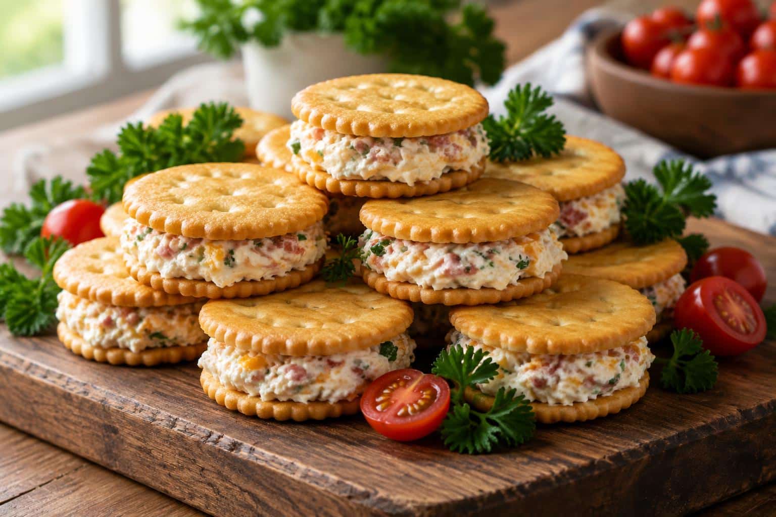 Plate of ritz cracker party sandwiches with creamy filling and fresh parsley garnish