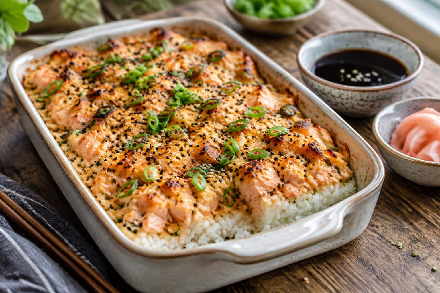 Baked creamy salmon sushi bake topped with scallions and sesame seeds