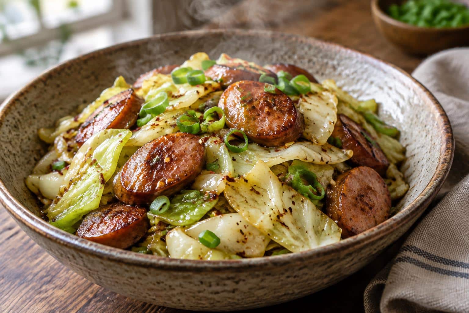 Sausage and cabbage stir fry in a bowl garnished with green onions and red pepper flakes