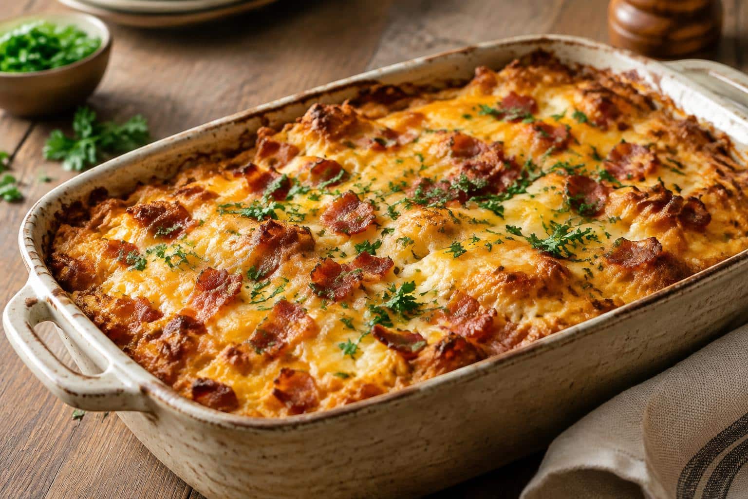 Golden crack breakfast casserole with cheese and sausage, garnished with parsley