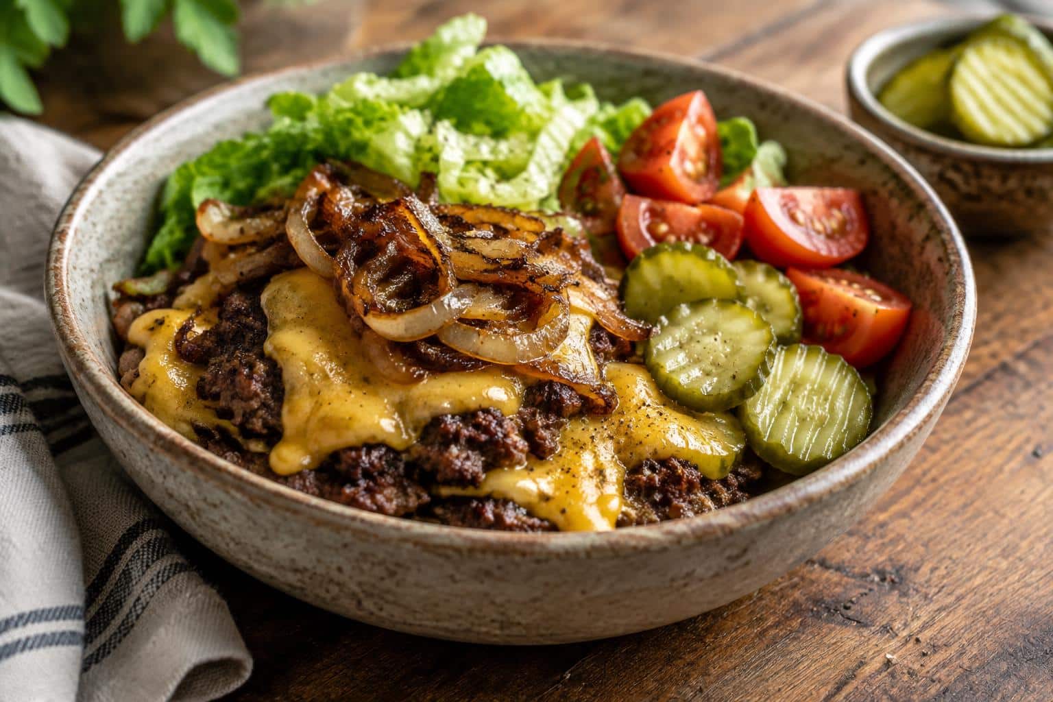 Savory smash burger bowl with juicy beef patties, fresh toppings, and melted cheese