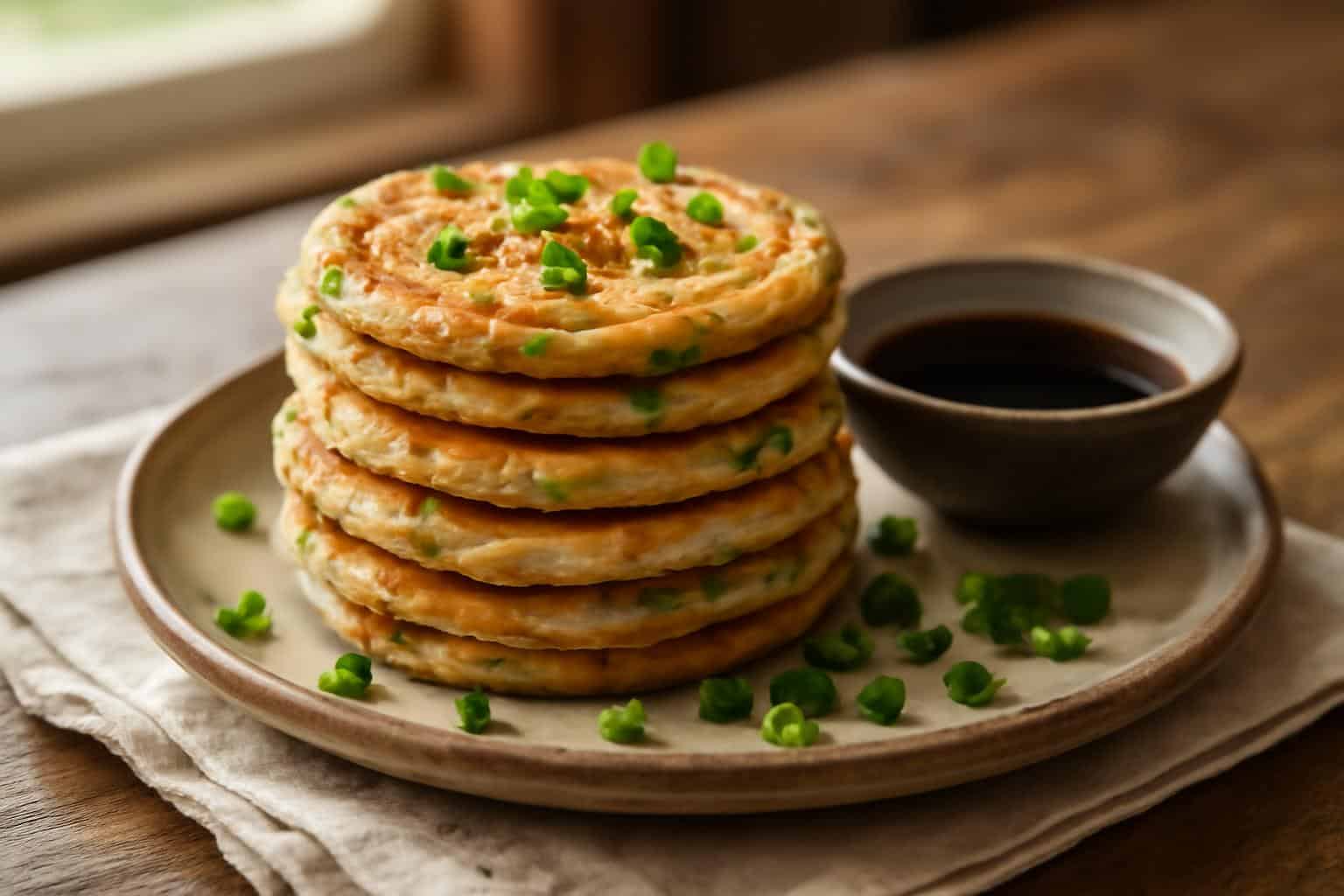 Golden crispy scallion pancake snack garnished with fresh scallions and soy dipping sauce