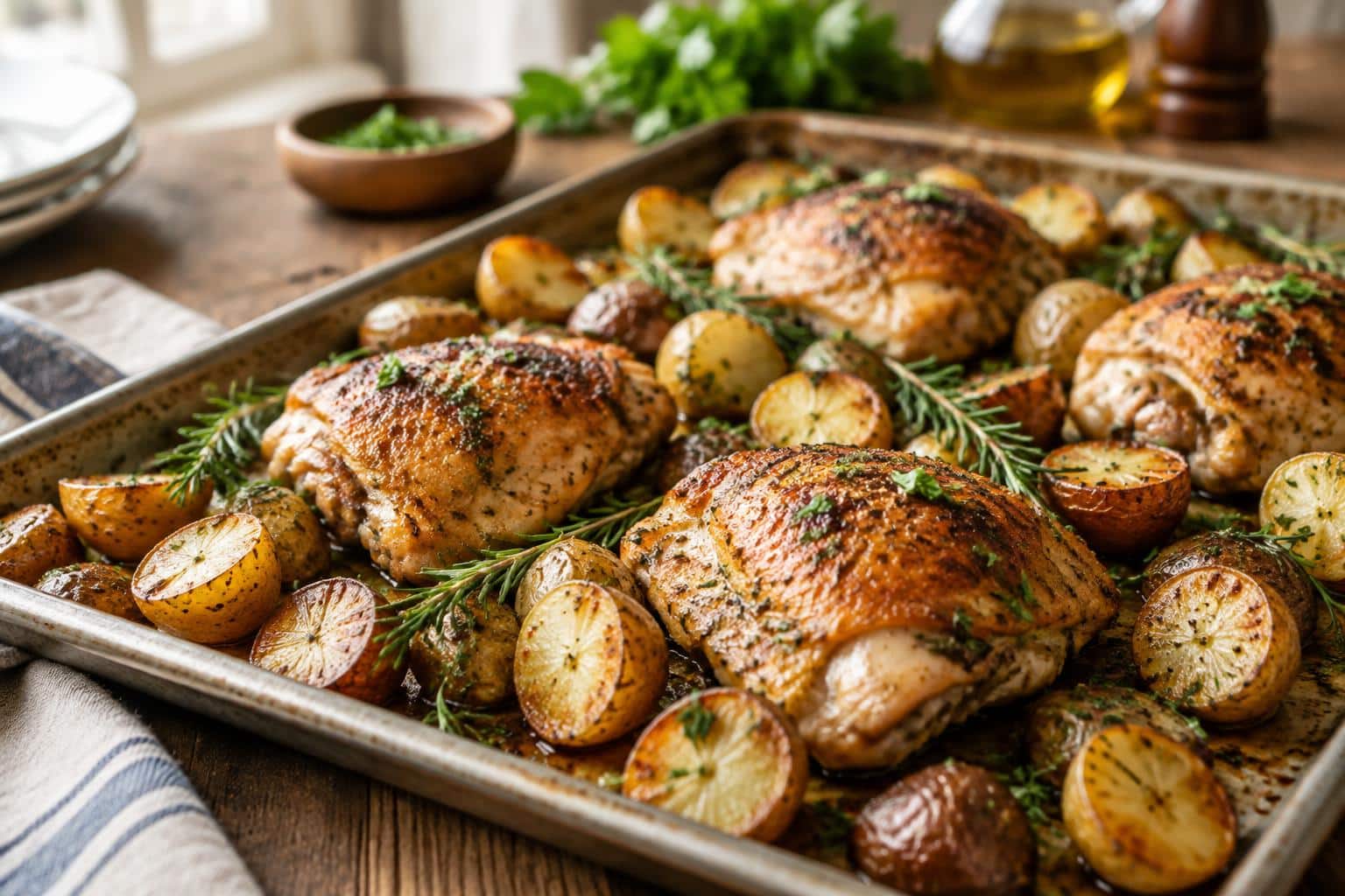 Golden roasted sheet pan chicken potatoes garnished with fresh herbs on a rustic wooden tray