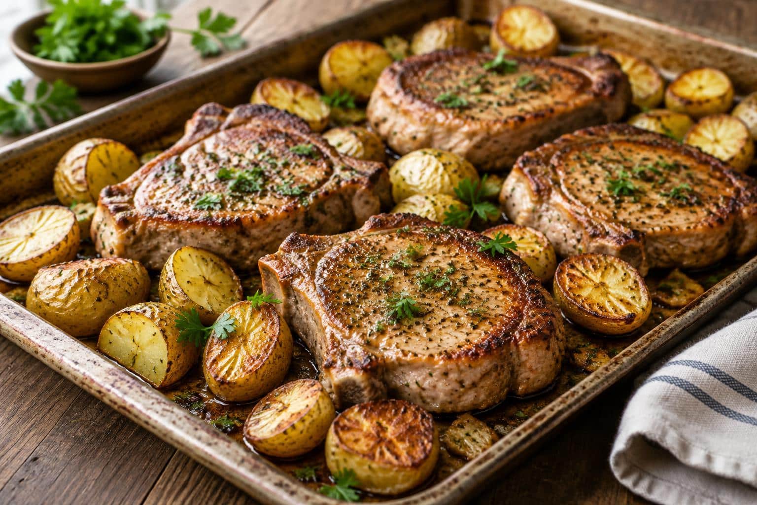 Sheet pan pork chops with crispy roasted potatoes and fresh parsley garnish