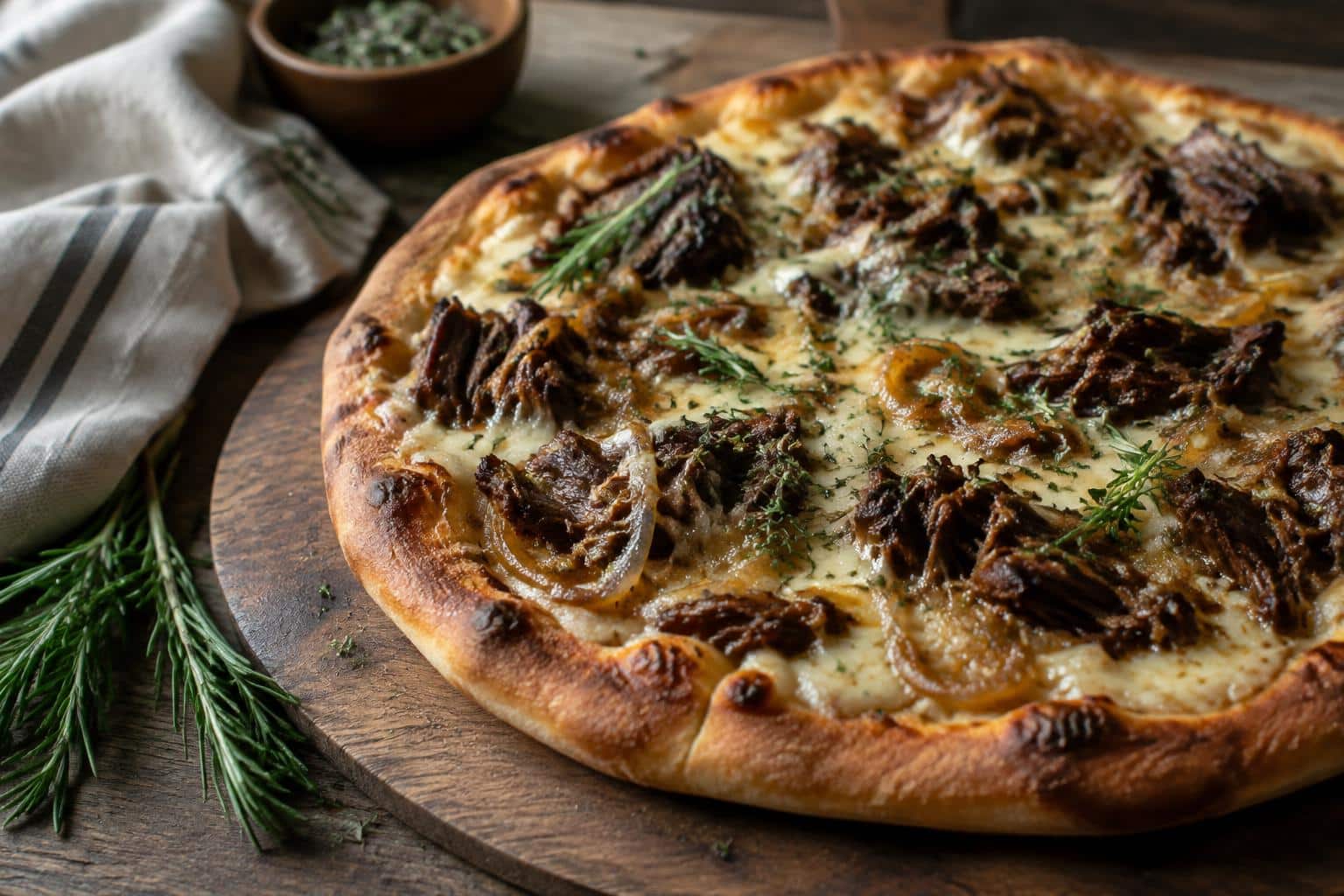 Close-up of a baked short rib pizza topped with creamy smoked gouda sauce and caramelized onions