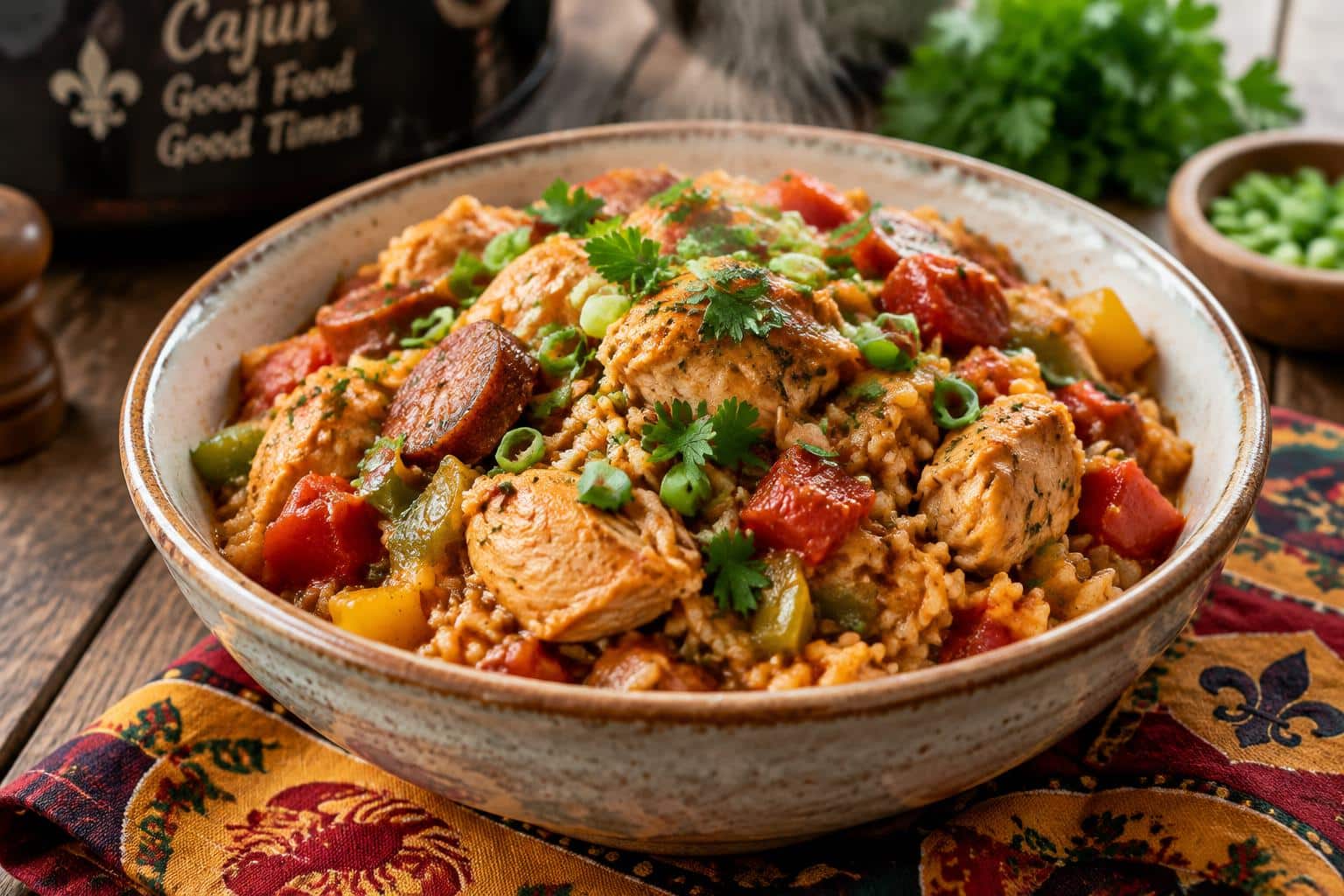 Slow cooker chicken jambalaya in a bowl garnished with parsley and green onions