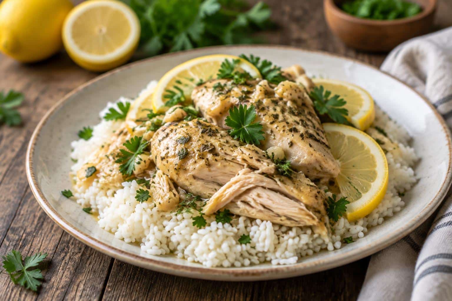 slow cooker chicken with lemon herb and fluffy rice on a rustic plate
