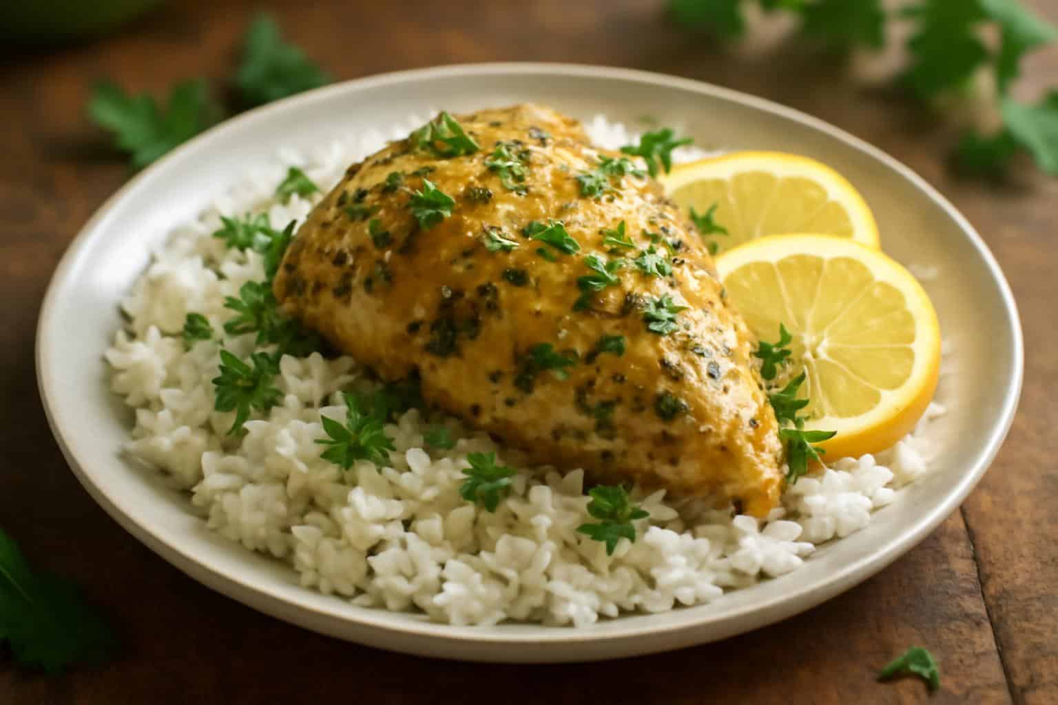 Slow cooker chicken with lemon herb and fluffy rice served on a white plate garnished with parsley