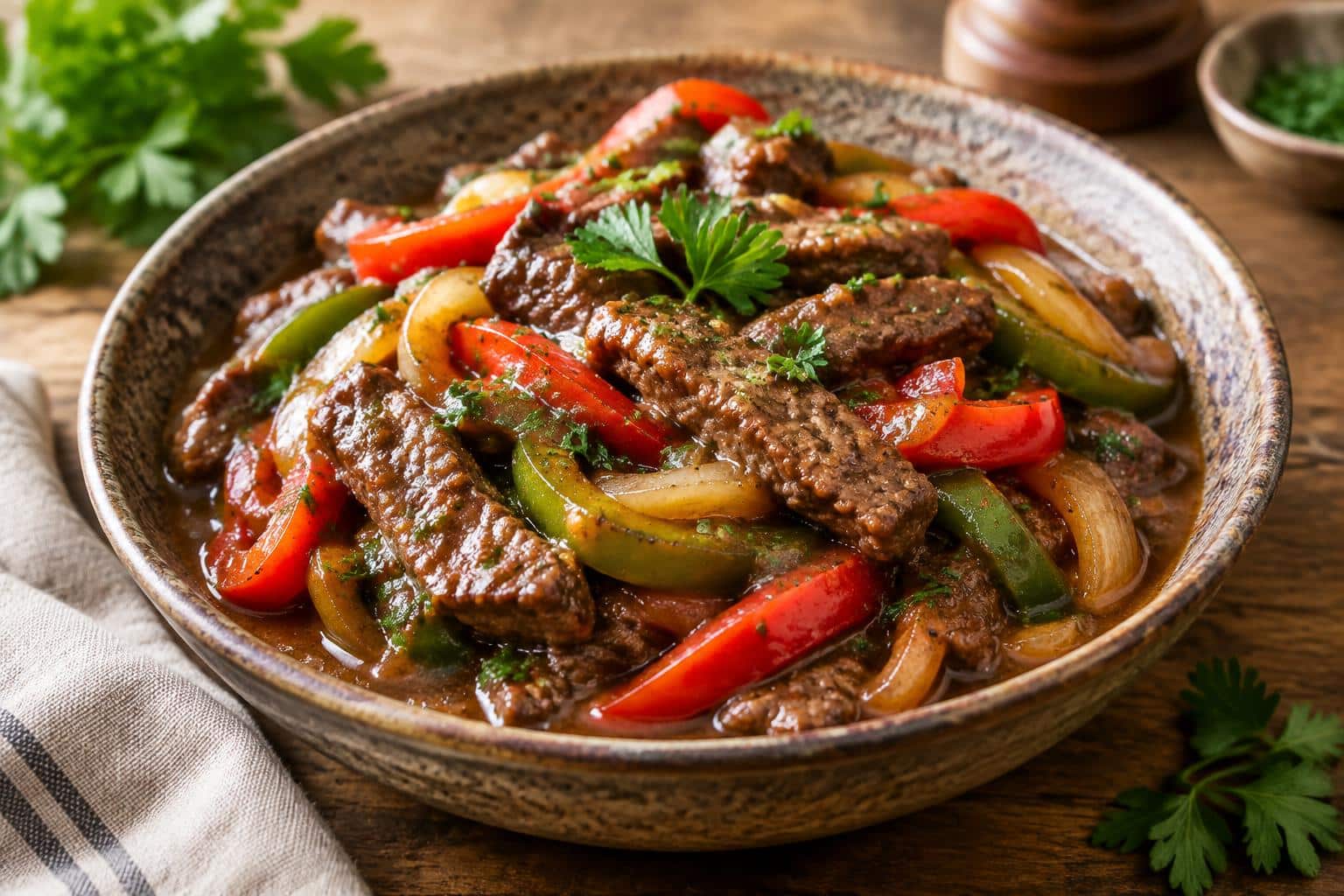 Slow cooker pepper steak with tender beef strips and colorful peppers in savory sauce