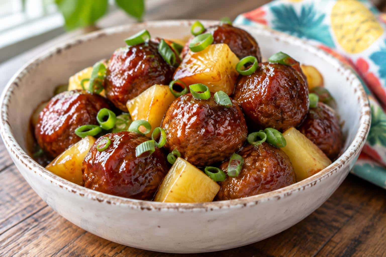Slow cooker pineapple barbecue meatballs garnished with pineapple and green onions