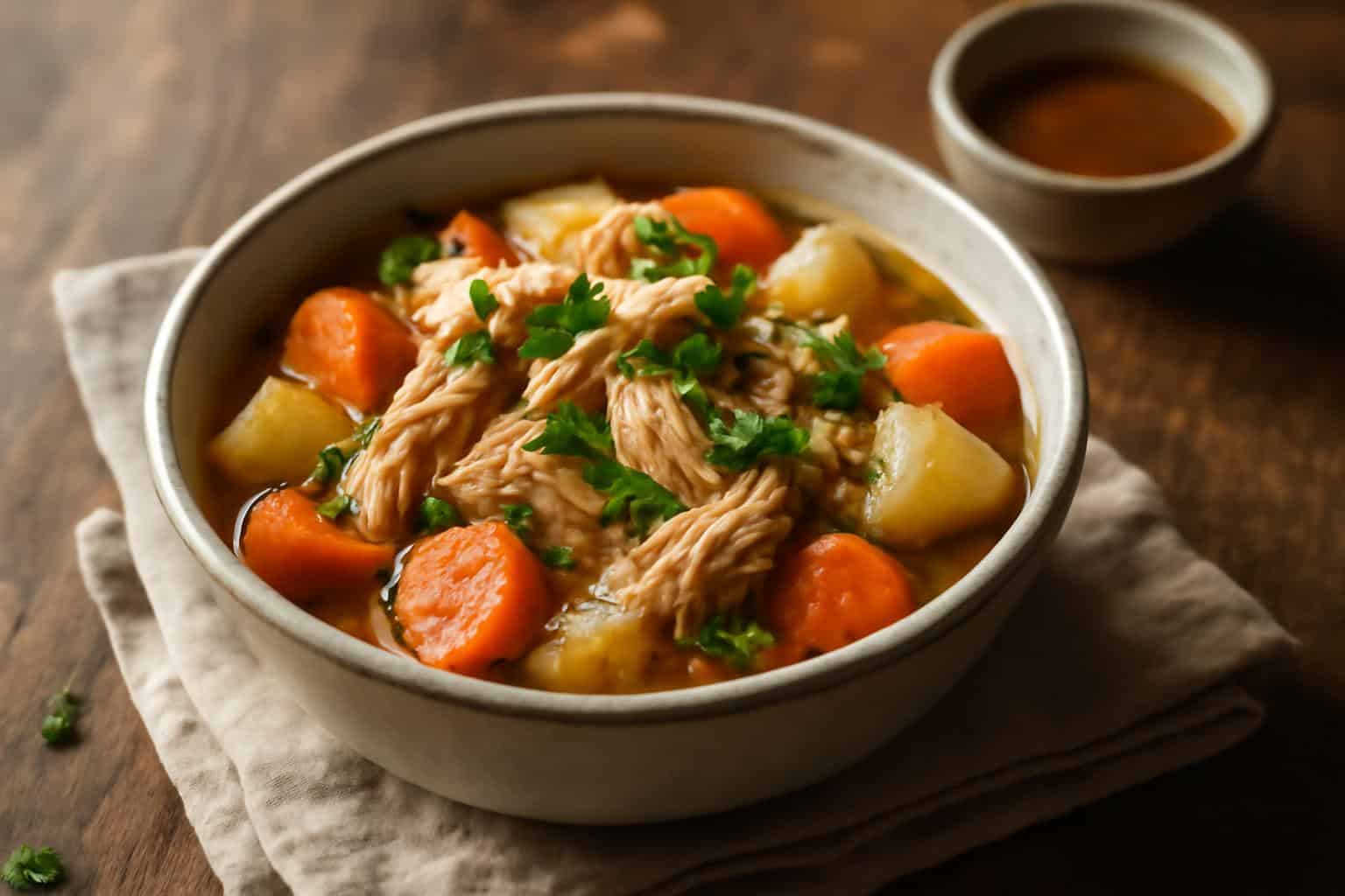 Slow cooker shredded chicken dish with vegetables, showcasing easy slow cooker recipes