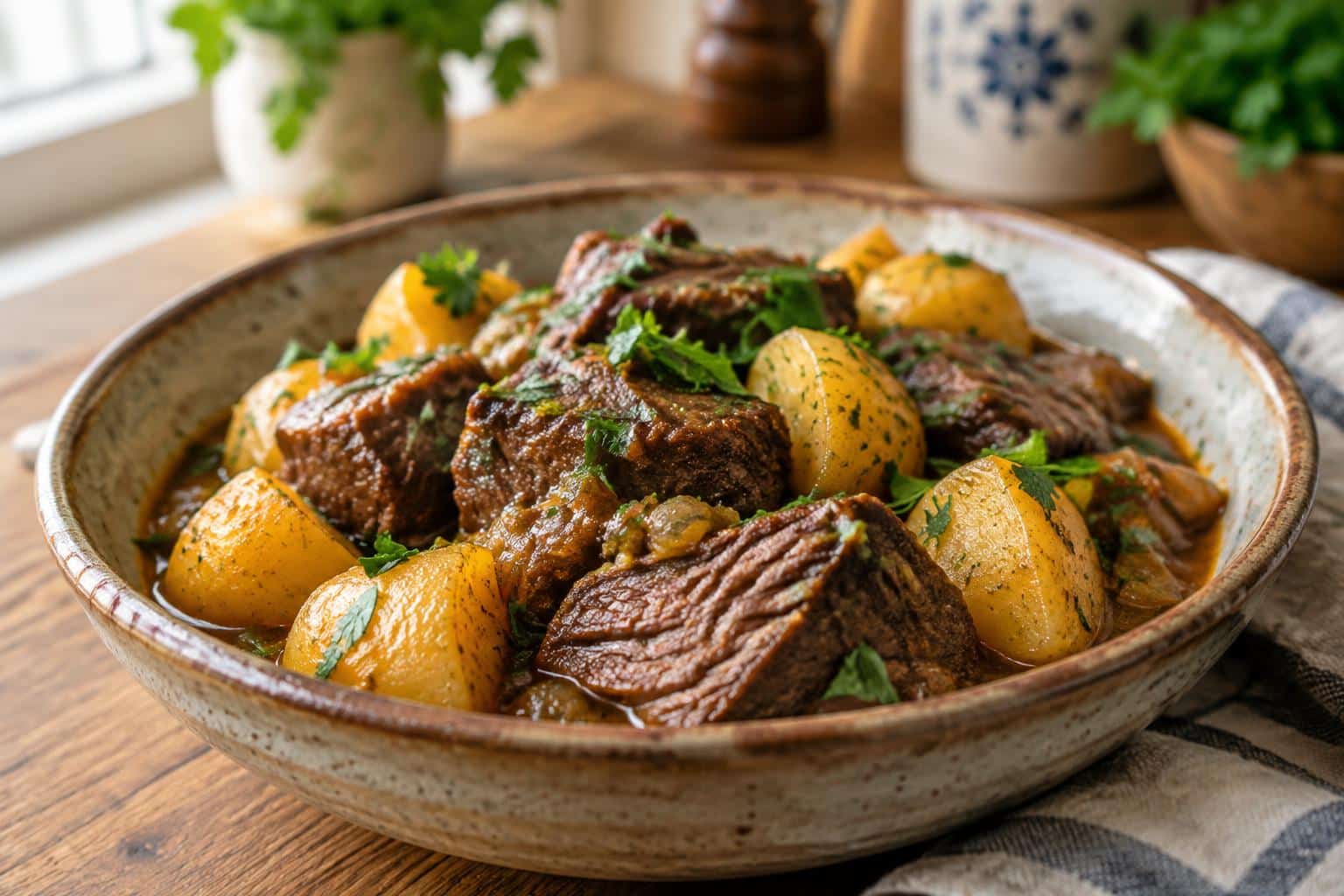 Slow cooker steak potatoes served in a rustic bowl garnished with parsley and cooked to tender perfection