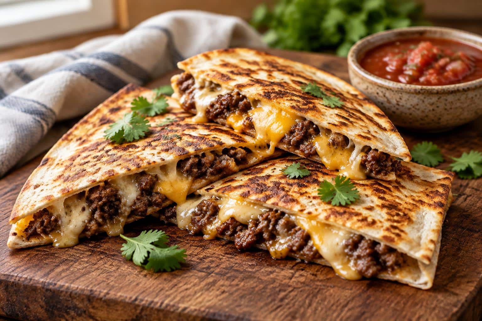Close-up of smashburger quesadillas with melted cheese and juicy beef filling on a wooden board