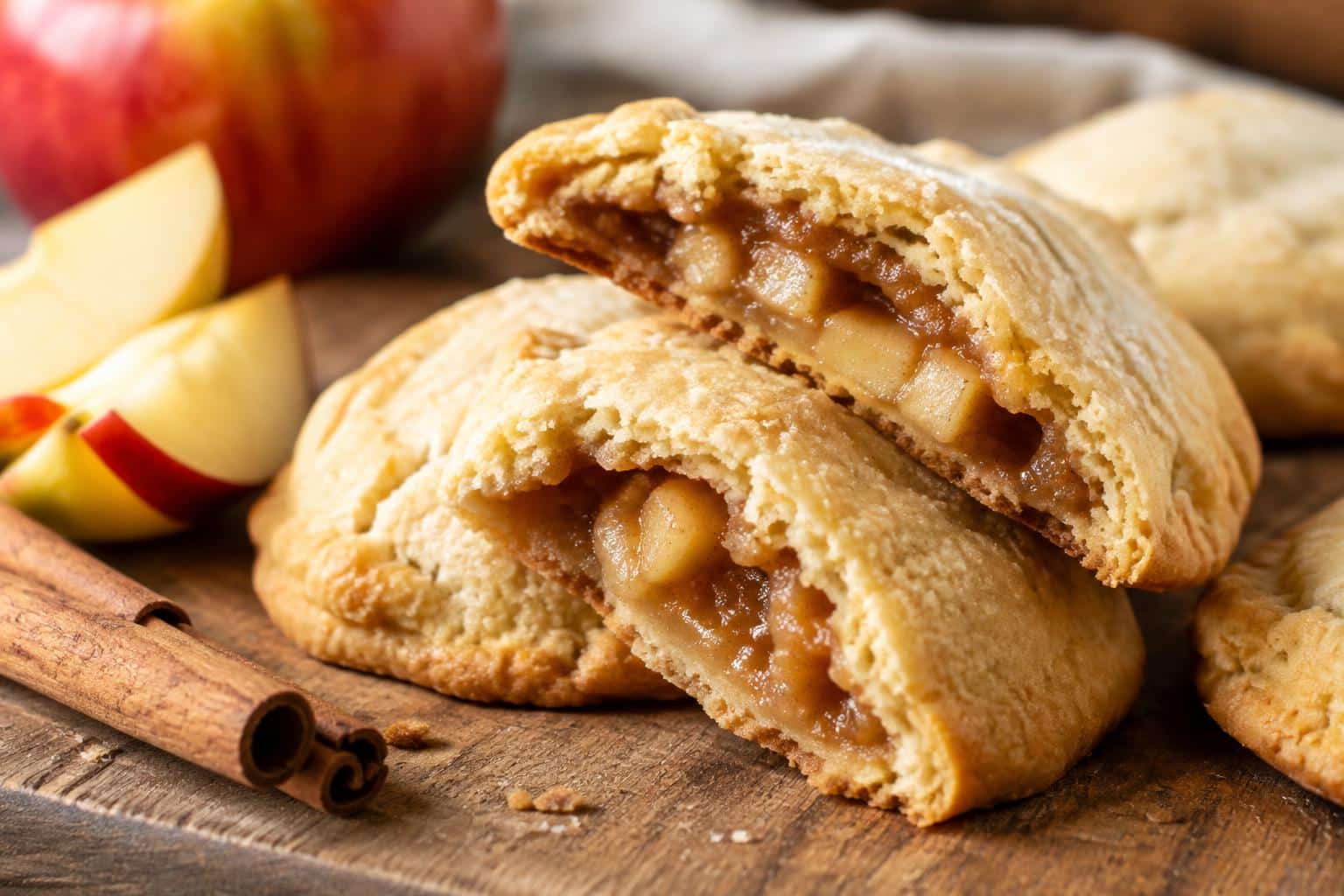 Soft apple-filled cookies with buttery crust on rustic wooden surface, showcasing soft apple-filled cookies