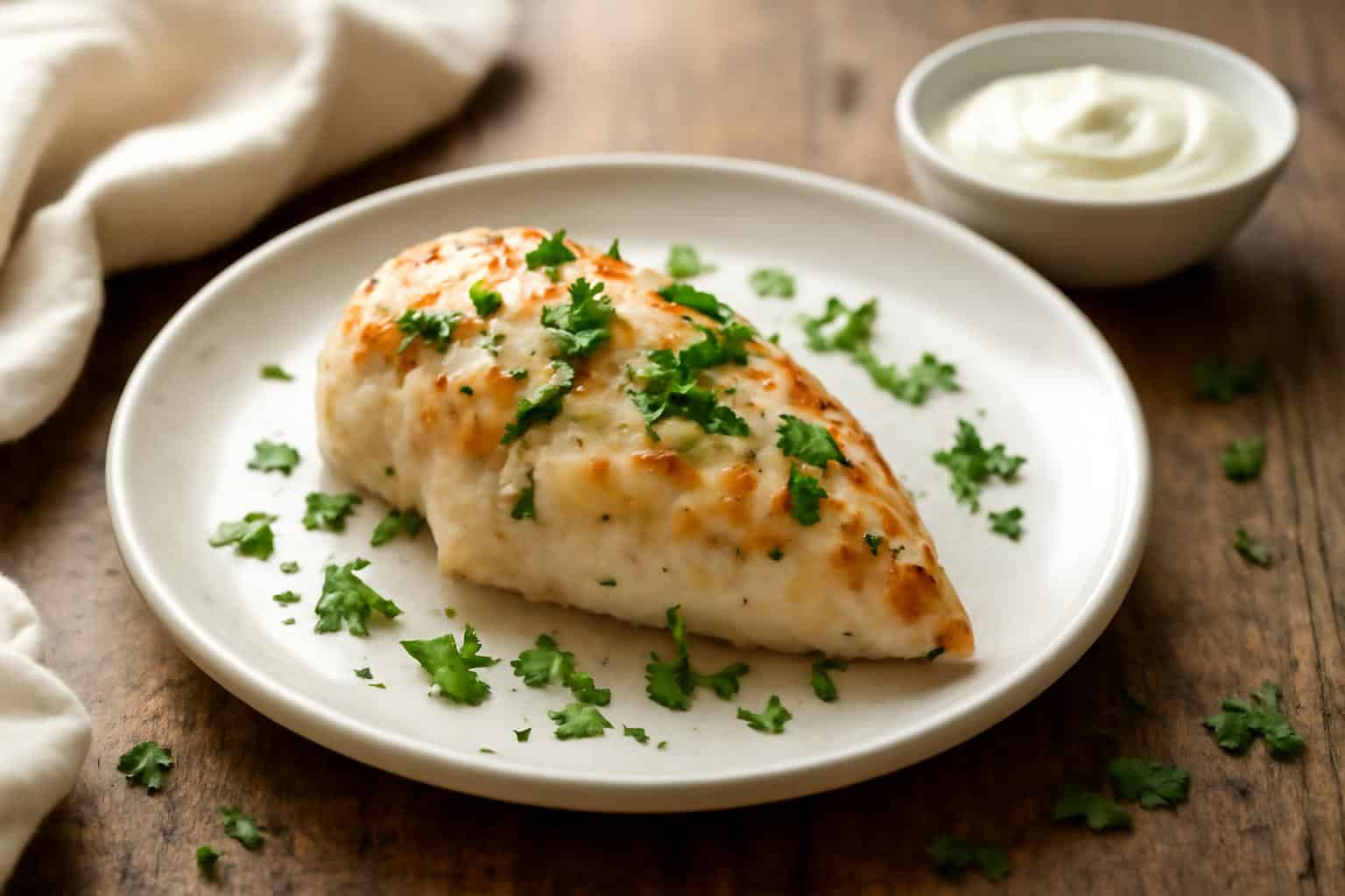 Tender sour cream baked chicken garnished with fresh parsley on a rustic plate