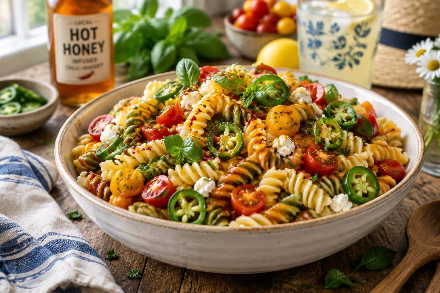 Hot honey pasta salad with rotini, cherry tomatoes, jalapeños, and fresh herbs in a bowl