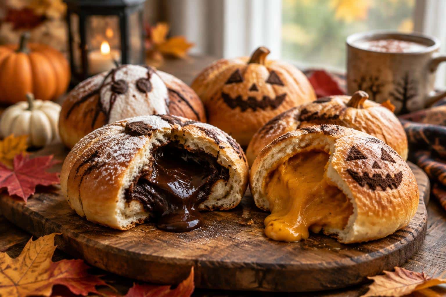 Spooky Halloween buns with creamy cocoa and pumpkin fillings on rustic board, seasonal dessert