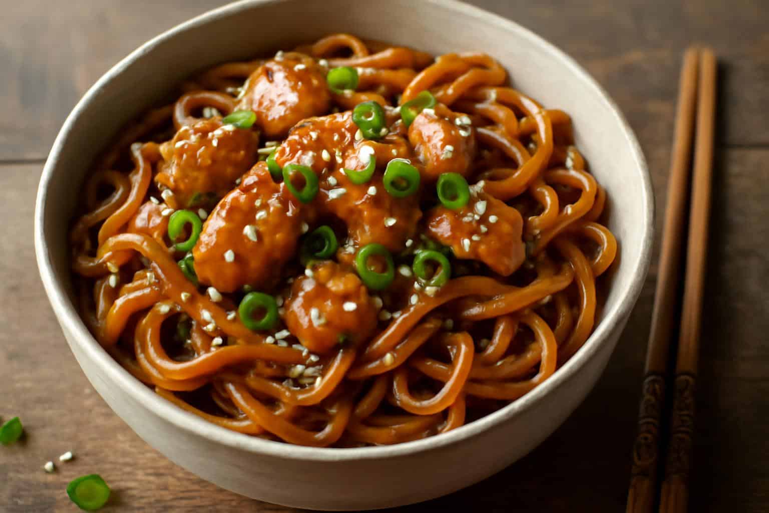 Sticky garlic chicken noodles garnished with green onions and sesame seeds served in a bowl
