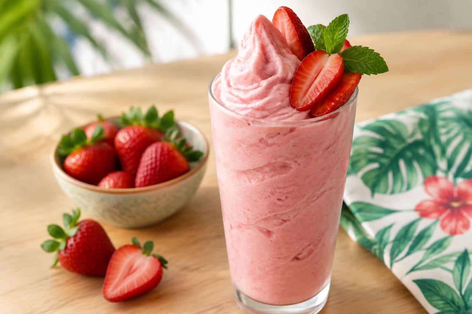 Refreshing creamy strawberry dole whip dessert topped with fresh strawberries and mint garnish
