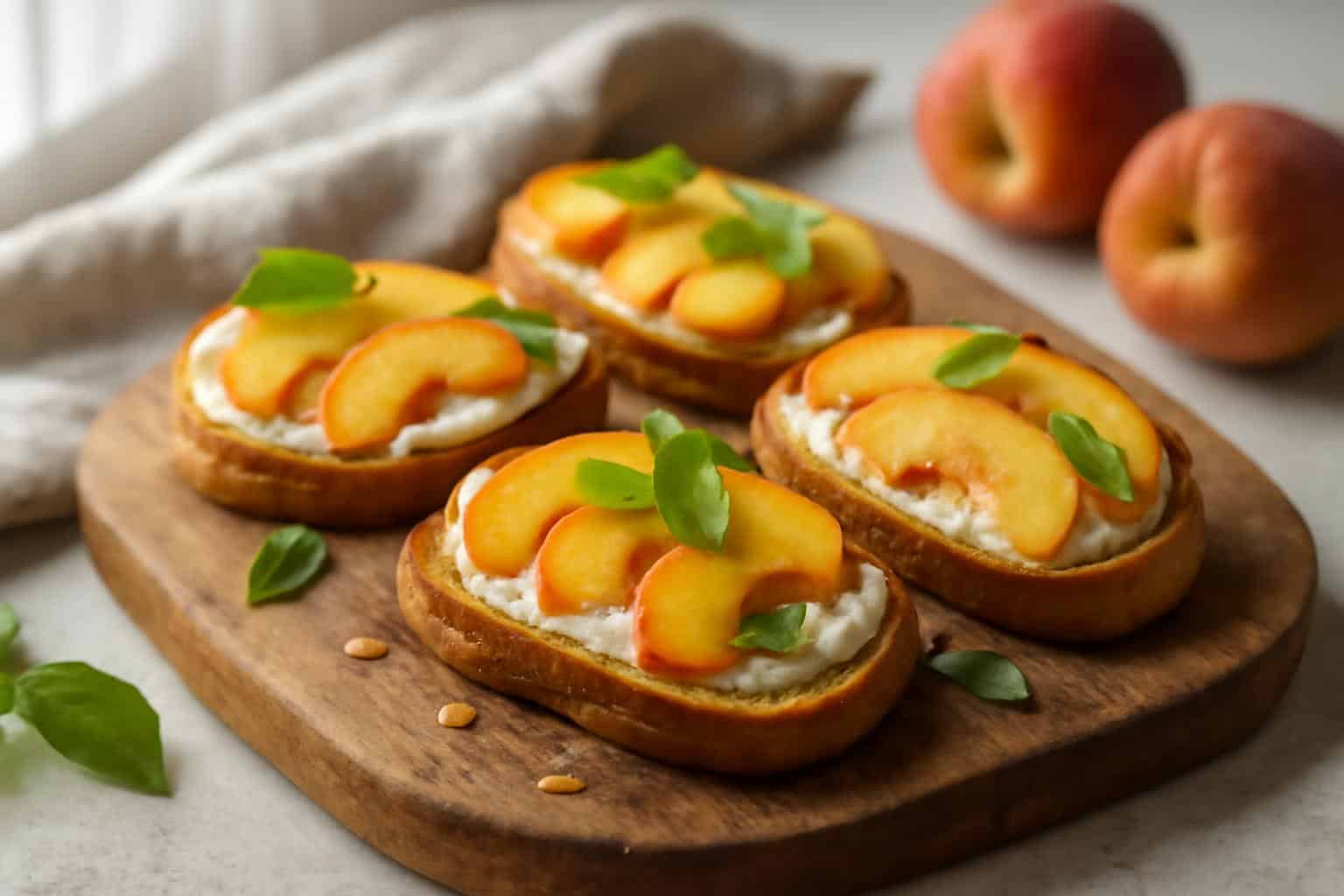 Plate of creamy, sweet peach bruschetta with crispy toasted bread and fresh basil garnish